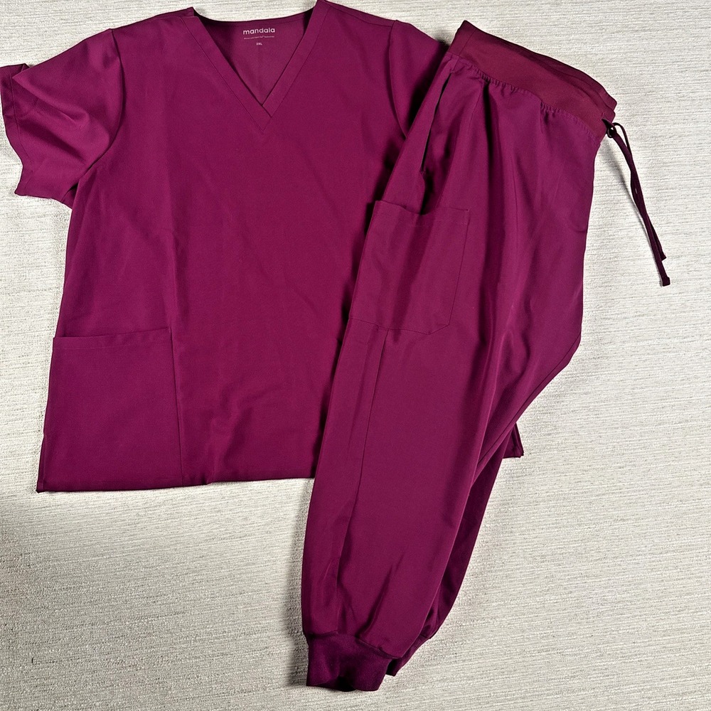 Wine Jogger Scrub Set Healthcare Nurse Medical 2X Top 3X Pants Mandala Crimson